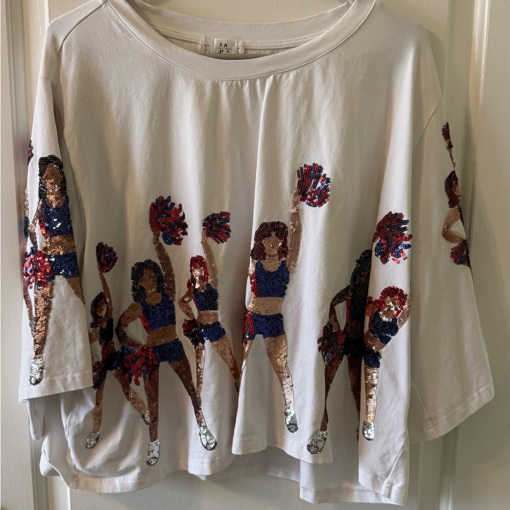 Jordan White Crop Top with Sequin Cheerleader Design